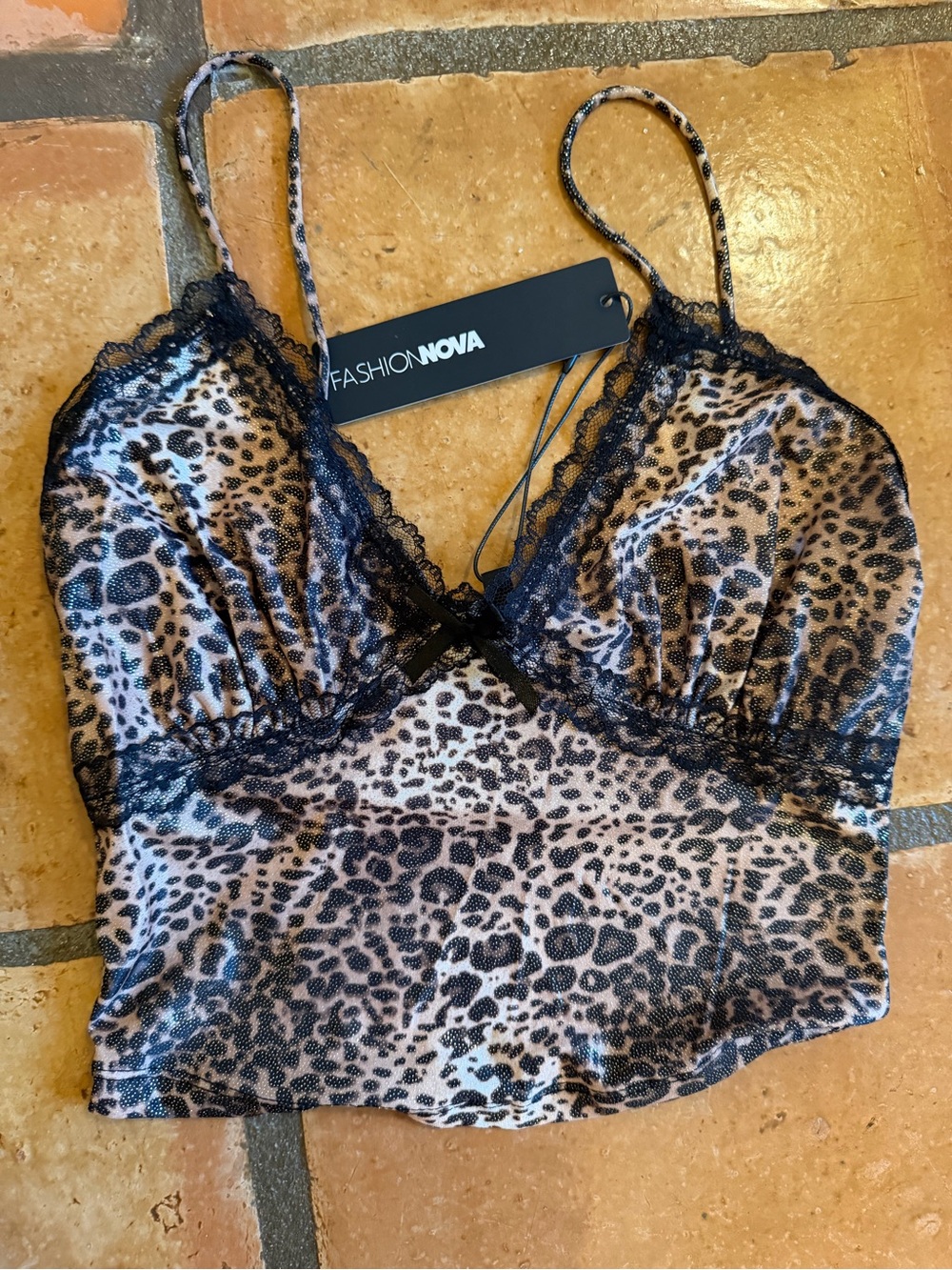 Fashion Nova Leopard Lace Trim Crop top - Tan & Black